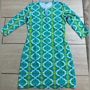 J. McLaughlin Geometric Blue Green Stretch V Neck Midi Dress